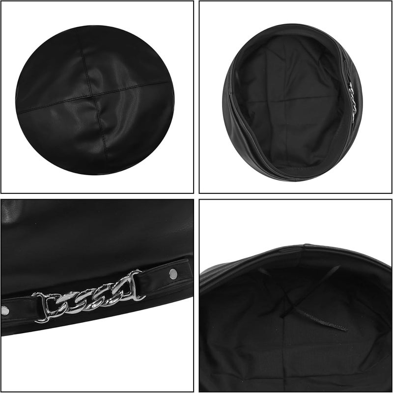 MINGSEECESS Women PU Leather French Black Beret Hat Causal Beanie Hat - Image 3